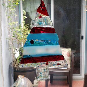 Red Blue Iridescent Whimsical Glass X-mas Tree Ornament  6"